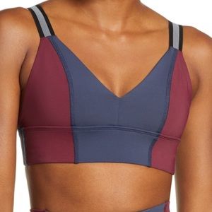 BEYOND YOGA burgundy and navy color block bra